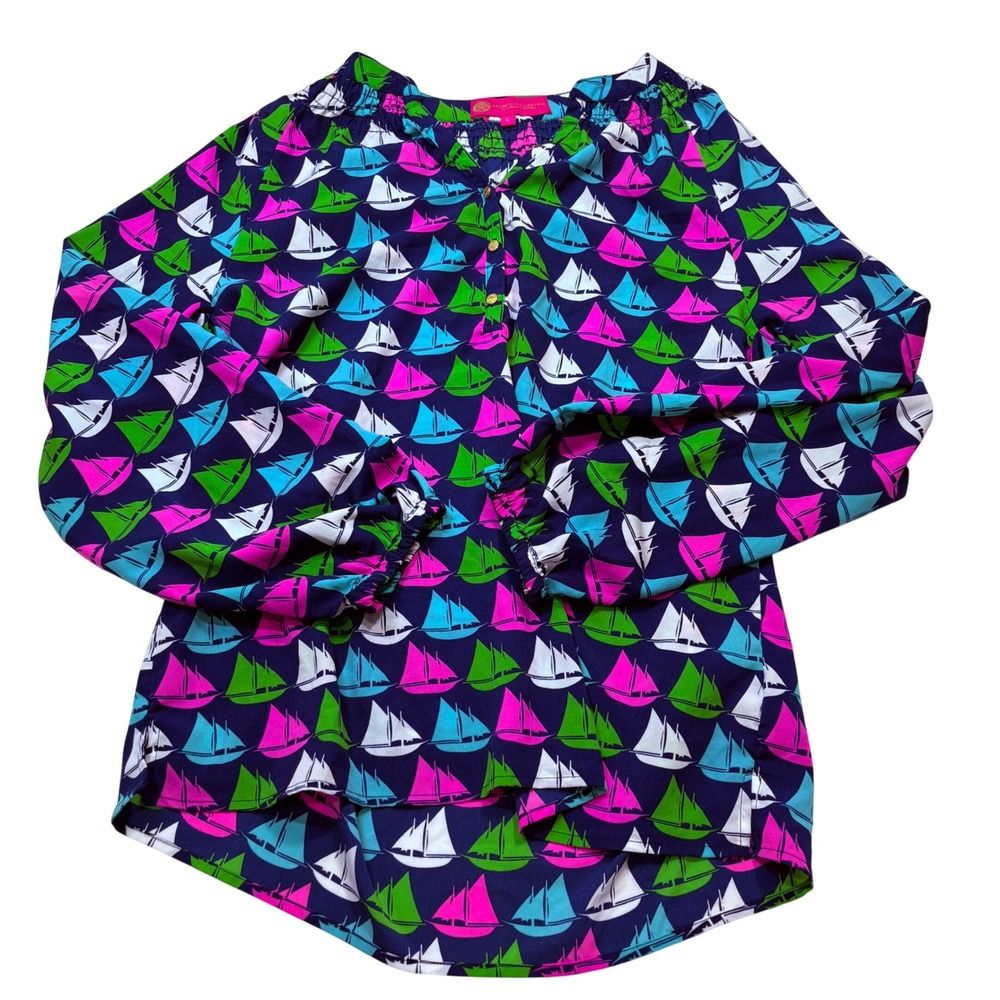 Macbeth Collection Margaret Josephs Navy Sailboat Print Blouse Neon Pink Green L